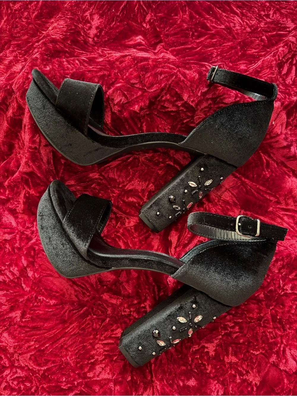 Simply VW Velvet Platform Block Heels with Jewel Accents
